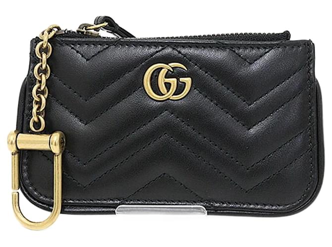 Gucci GG Marmont Double G Zip Key Case Black Golden Leather ref