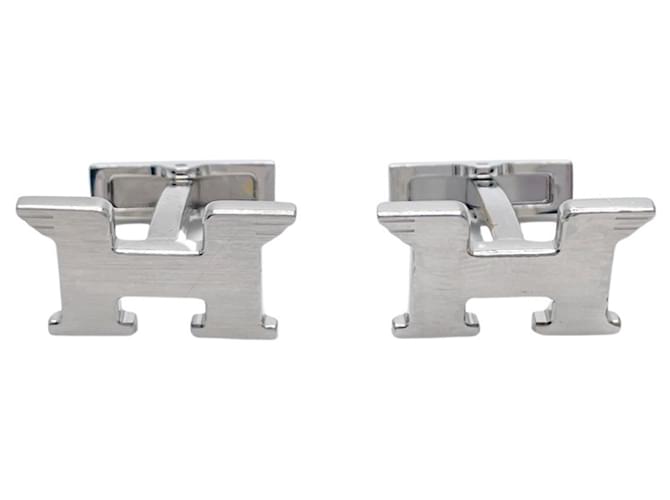 Hermès Hermes Silver Cufflinks with H Logo and Pegasus Feather