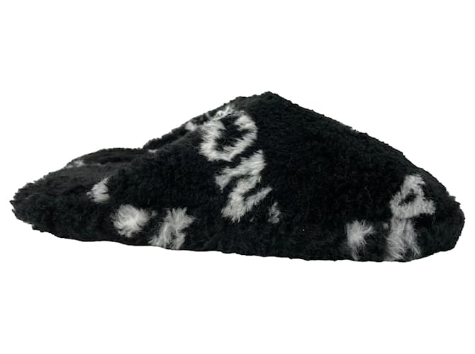 Balenciaga All Over Logo Slippers in Black Faux Fur Synthetic ref