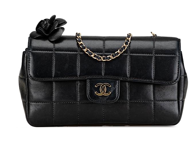 Black Chanel Extra Mini Chocolate Bar Camellia Lambskin Flap