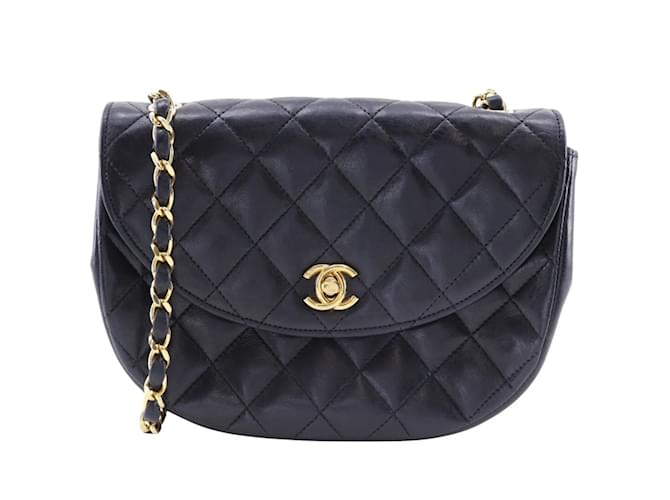 Chanel Matelasse Half Moon Shoulder Bag Black Leather ref