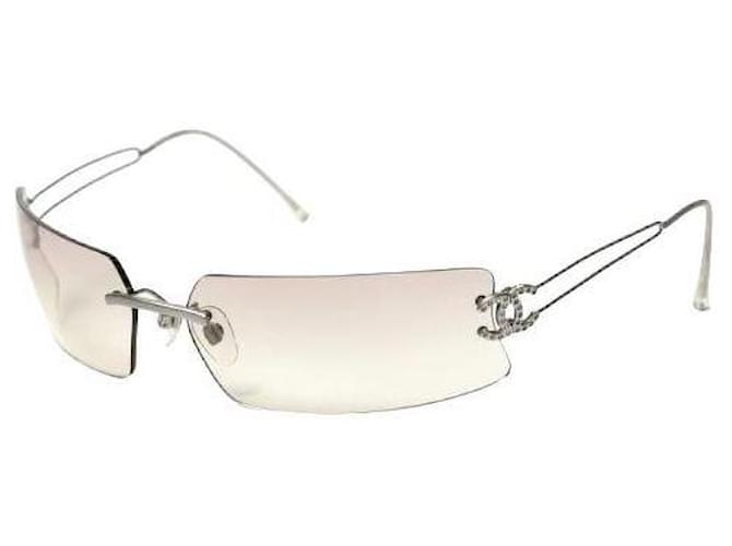 Chanel Rhinestone Silver CC Logo Rimless Sunglasses Silvery