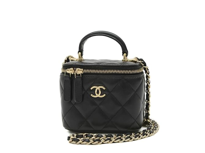 Chanel Matelasse Small Vanity Chain Shoulder Bag Black Leather ref