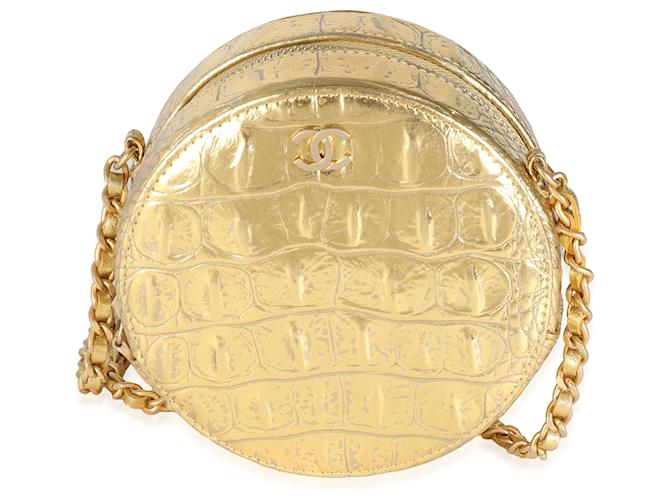 Chanel Metallic Gold Croc Embossed Calfskin Round Clutch On Chain