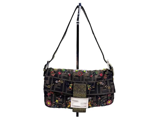 Fendi Rare Beaded Baguette Zucca Zucchino Shoulder Bag Brown Cloth