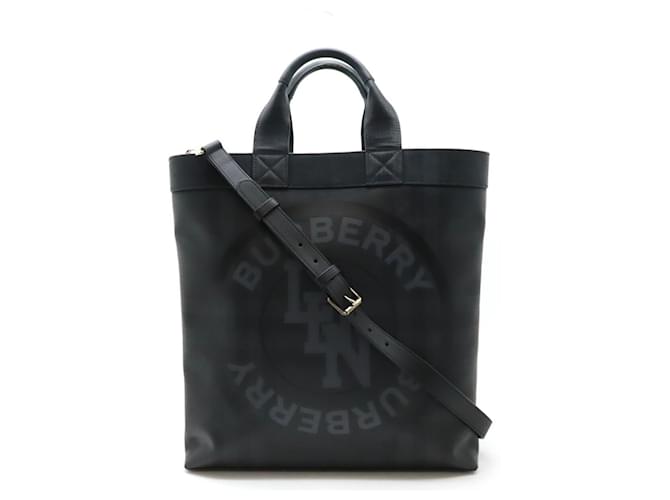 Burberry London Check LDN Tote Bag Black Dark grey Leather Plastic