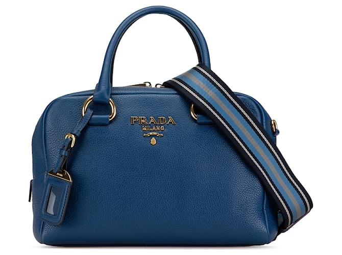 Blue Prada Mini Vitello Phenix Bauletto Satchel Leather ref