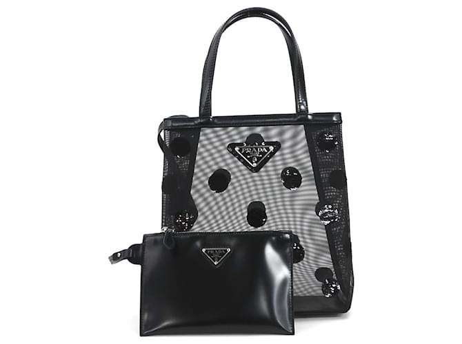Bolso de cuero negro Prada con lentejuelas y malla