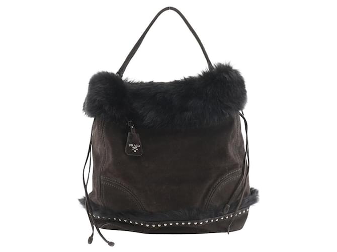 Prada Suede Faux Fur Shoulder Bag BR4578 Brown Leather