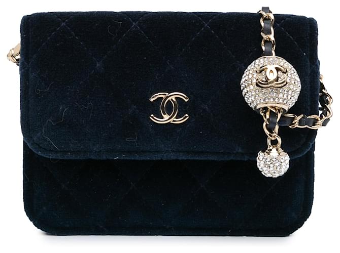 Blue Chanel Mini Velvet Pearl Crush Clutch With Chain Crossbody