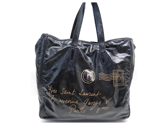 YVES SAINT LAURENT RASPAIL 188651 VARNISHED LEATHER TOTE BAG Black