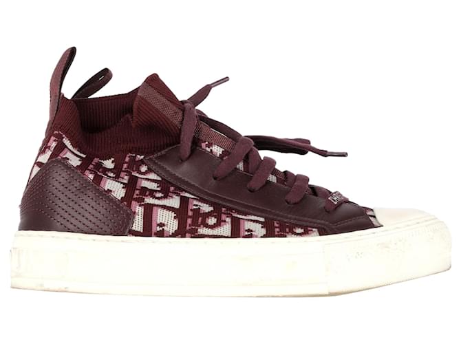 Christian Dior Walk 'n' Dior Knitted High-Top Sneakers in Burgundy Leather  and Polyester