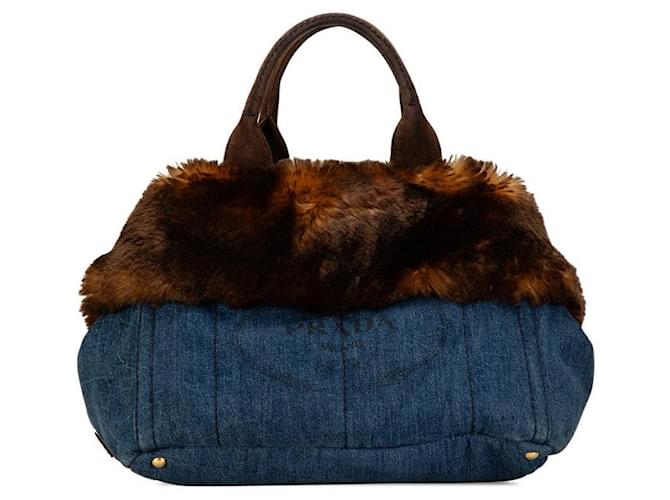 Prada Denim Faux Fur Suede Canapa L Handbag Blue
