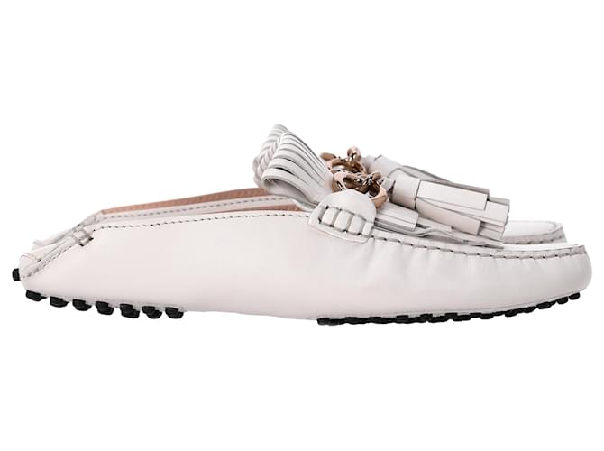Mocassins Tod's avec détails en frange et chaîne en cuir blanc ref
