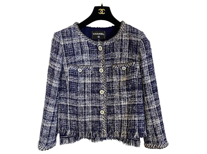 CHANEL 18P BLUE FANTASY TWEED LESAGE JACKET FR 42 Silvery White