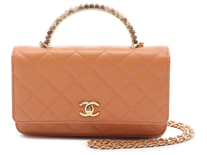 Chanel Orange Quilted Lambskin Wooden Beads Top Handle Wallet On
