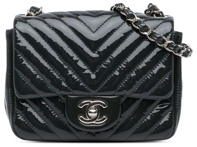 Chanel Blue Mini Square Classic Chevron Patent Flap Navy blue Leather ...