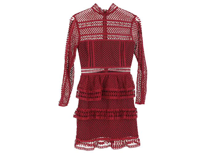 Self portrait Self-Portrait Lace Detail Mini Long Sleeve Dress in Burgundy  Polyester Red Dark red ref.1996113 - Joli Closet