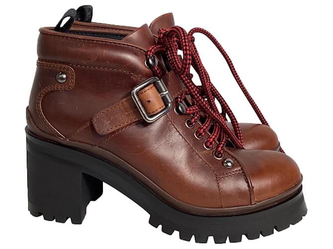 Stivali da combattimento Miu Miu alla caviglia in pelle marrone ref