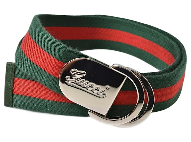 Gucci Belt 85 Green/Red Silver Buckle Cotton ref.2064842