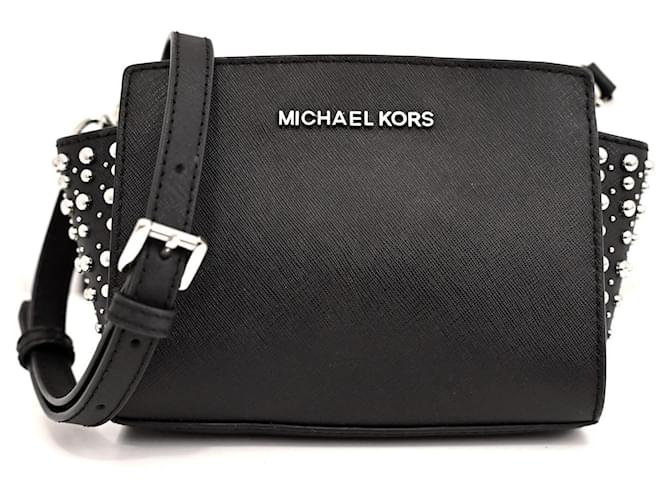 Borsa a tracolla mini Selma in pelle Saffiano nera con borchie di