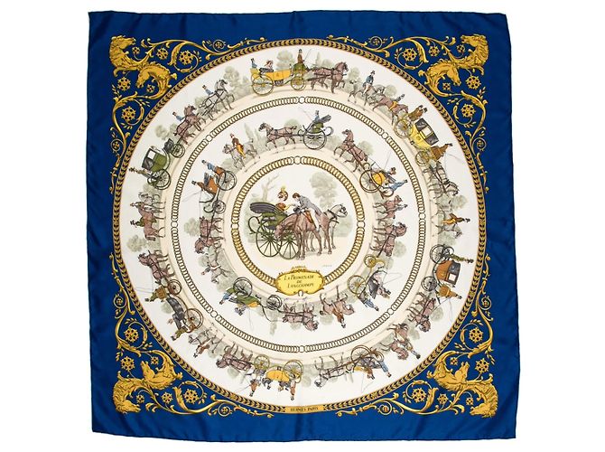 Foulard HERMÈS 100% Soie - Modèle Carrousel Vintage - Noir - Occasion