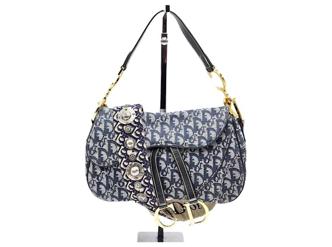 Christian Dior Vintage Trotter Double Saddle Bag Navy blue Cloth