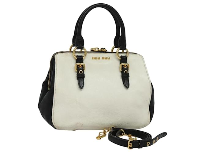 Miu Miu Hand Bag Leather 2way White Gold black Auth ep8371 Golden