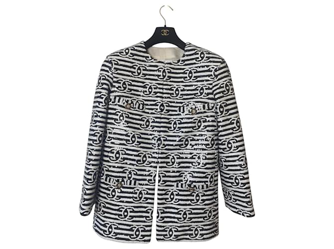 Chanel 22S Runway Sequin CC Logo Black and White Jacket FR 40 Silk