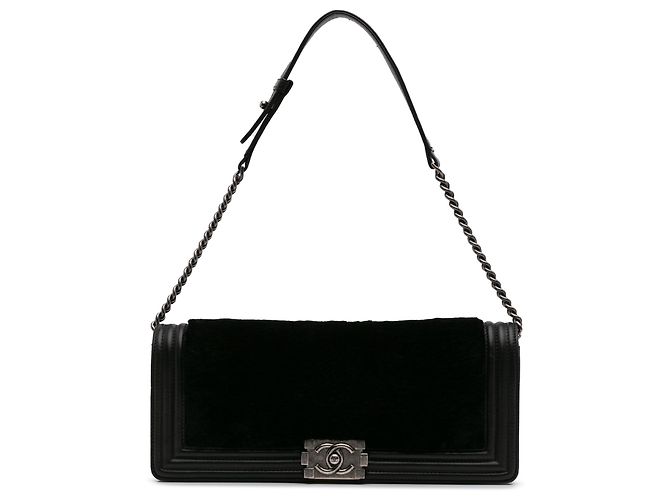 Chanel Black Shearling East West Boy Flap Pony-style calfskin ref ...