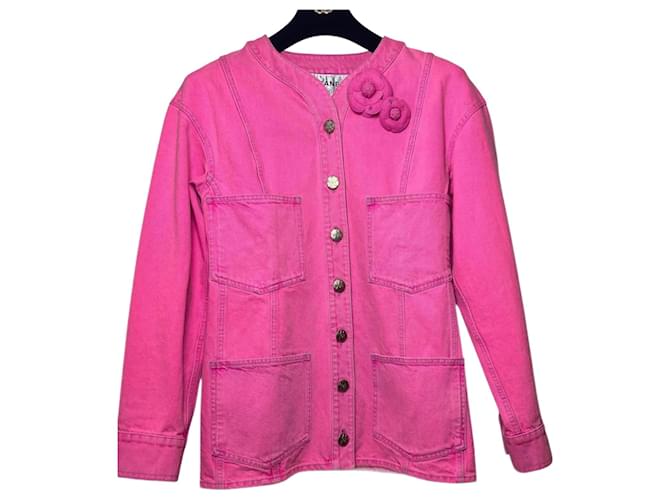 Chanel 21S Two Camellia Bright Neon Pink Denim Jacket FR 36 Cotton