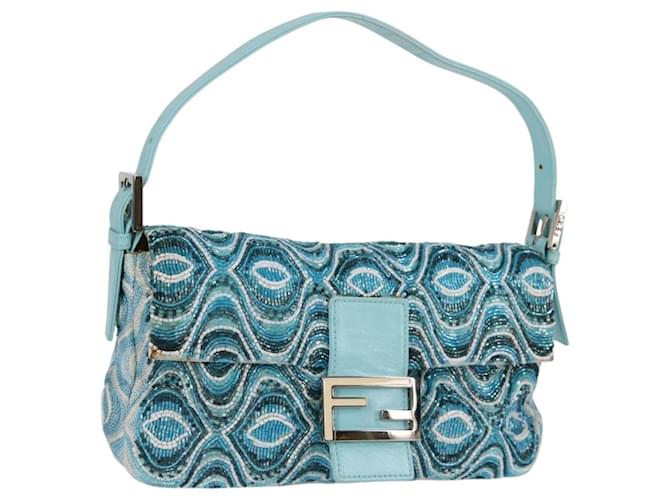 FENDI Mamma Baguette Sac à bandoulière perles Argent Bleu Auth
