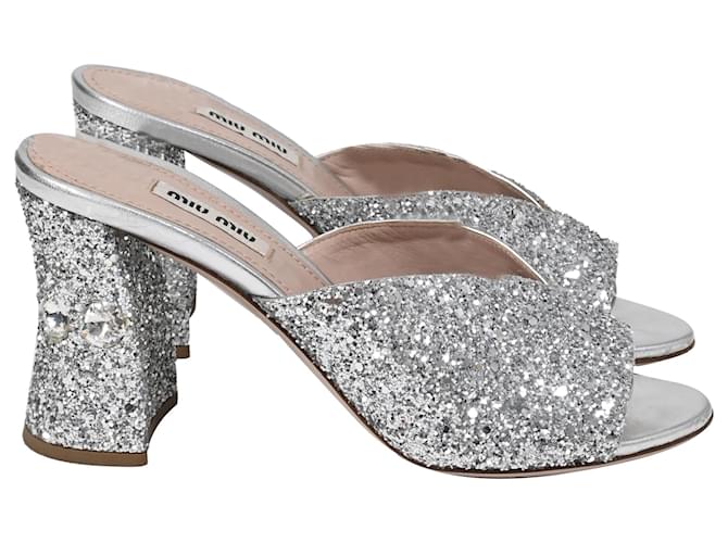 Miu Miu Rocchetto Block Heel Slide Sandals in Silver Glitter