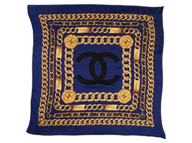 Chanel silk scarf 100% silk 90 x 90 cm Dark blue ref.2218352 Chanel silk scarf 100% silk 90 x 90 cm Dark blue ref.2218352