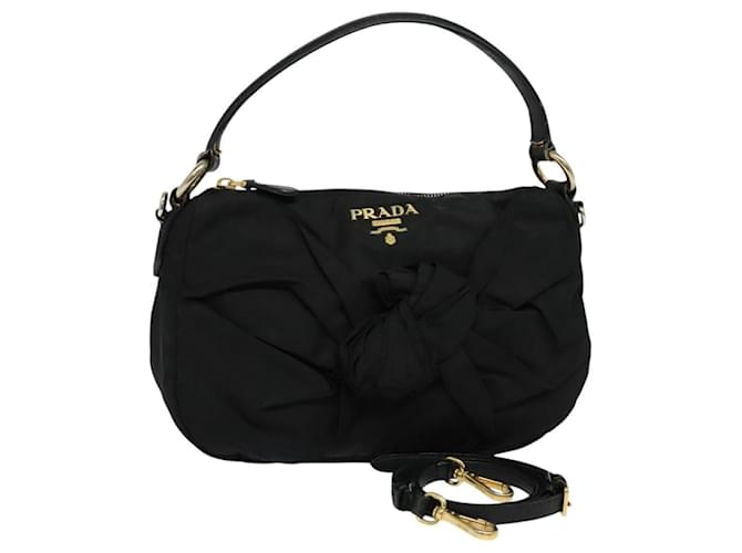 PRADA Hand Bag Nylon 2way Black Gold Auth 121909 Golden ref