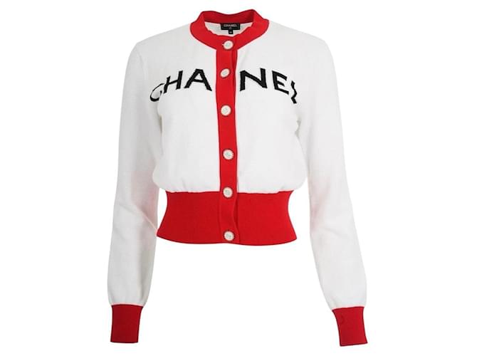Chanel 19S Iconic White Red Cropped Cardigan Sweater FR 38 Cotton