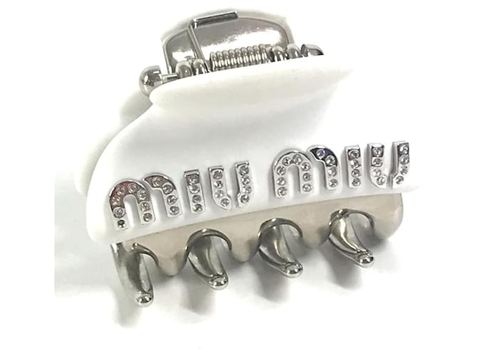 Miu Miu Logo Rhinestone Hair Clip White Metal ref.2228129