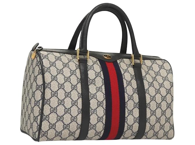 GUCCI GG Supreme Sherry Line Hand Bag PVC Navy Gold Red 378 012