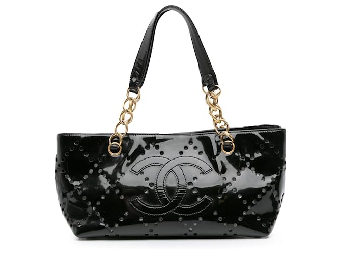Chanel Black Small CC Perforated Patent Tote Leather Patent - Main Image