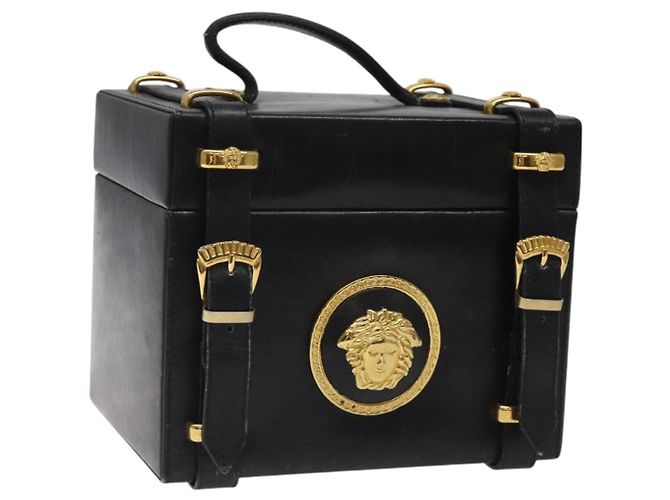 Gianni Versace Vanity Pouch Leather Black Gold Auth 123503 Golden 