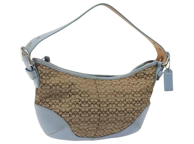 Coach Signature Shoulder Bag Canvas Beige Light Blue Silver Auth