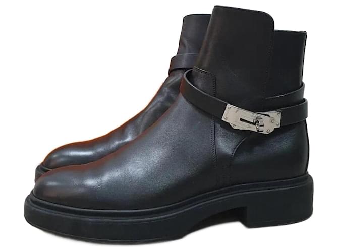 Hermès Hermes Black Leather Veo Ankle Boots 38