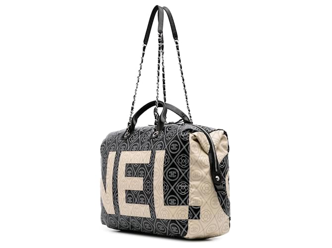 Chanel Large Coated Canvas Camellia Maxi Logo Bowling Bag Black