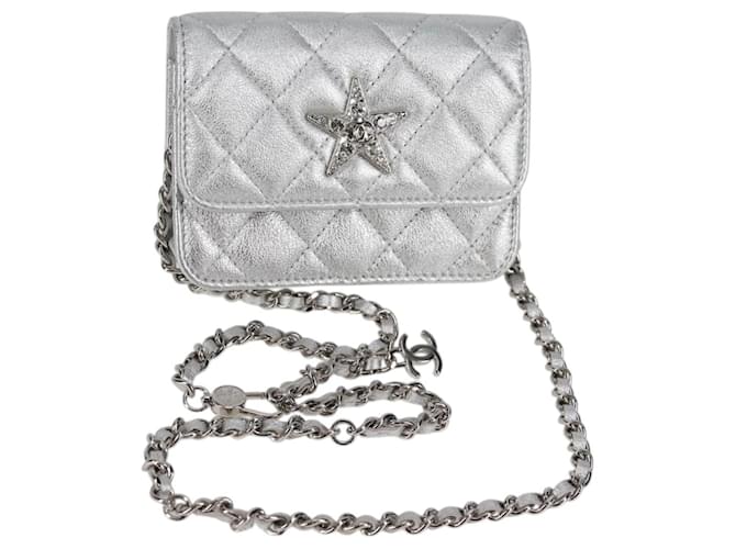 CHANEL Matelasse Chain Shoulder Bag Leather Silver CC Auth MX400AM