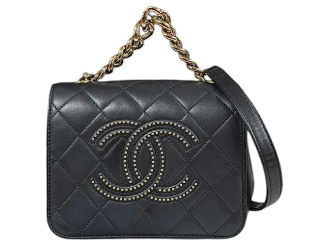 Chanel Studded Coco Mark Matelasse Shoulder Bag Black Leather ref
