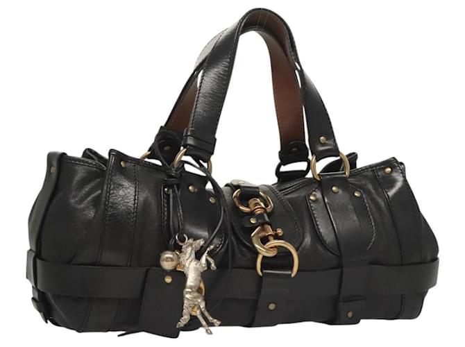 Chloé Chloe Kerala Horse Hand Bag Leather Black Gold Auth mr1378