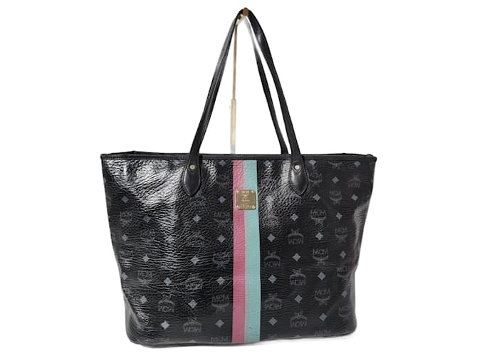 MCM Visetos Striped Shopper Tote Black Grey Leather