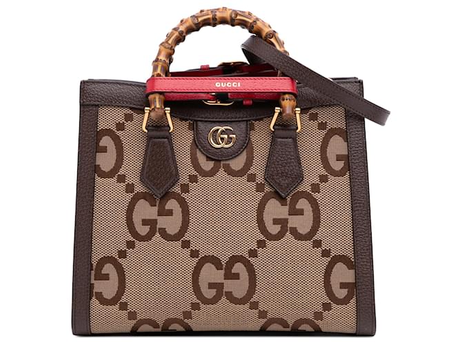 Gucci Brown Medium Jumbo GG Canvas Bamboo Diana Satchel Beige