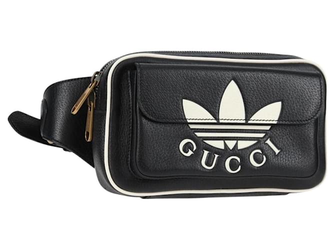 GUCCI Adidas Waist bag Leather Black Gold 722141 Auth 118851M