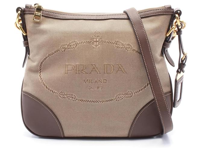 Prada Logo Jacquard Shoulder Bag Brown Beige Leather Cloth